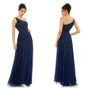 MAC DUGGAL Embellished One Shoulder A-Line Gown In Midnight